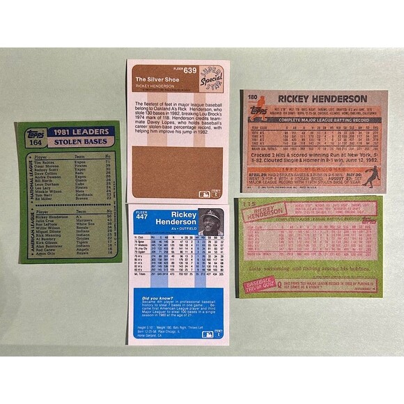 1982-85 Rickey Henderson Oakland A’s - 5 Card Lot Topps & Fleer - Picture 2 of 2